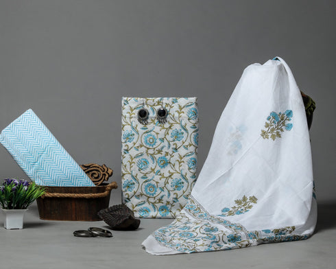 Elegant Hand Block Print Cotton Suit Set with Mulmul Dupatta (PRMUL27)